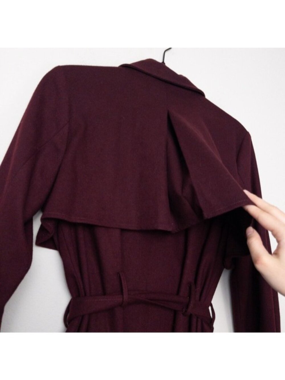 NEW J.O.A Belted Trench Coat S Burgundy Maroon Tie Cuff Double Breasted Utility - Picture 11 of 12